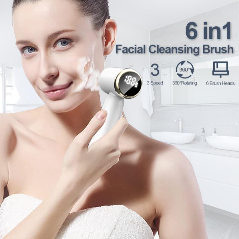 6 in 1 Electric Facial Cleanser Brush, 1 Set Waterproof Electric Facial Cleansing Brush with 6 Brush Heads, Facial Massager,  Face Roller,  Beauty & Personal Care Product for Women's Gift, Gift for Christmas & Fall, Winter Gift