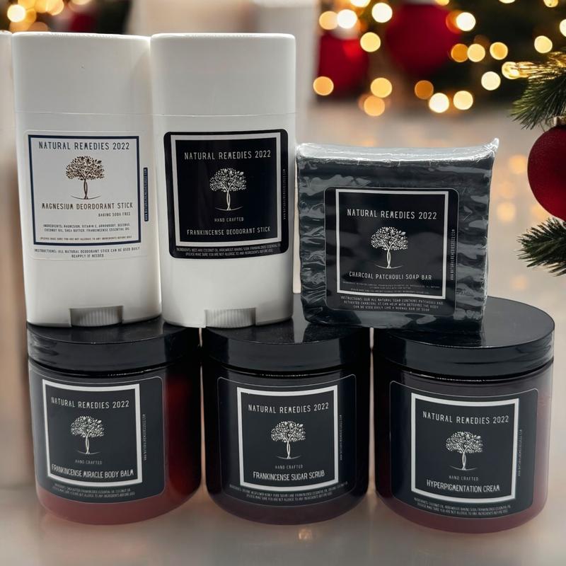 $50 Christmas Bundle -Frank Deo Stick, -Mag Deo Stick, -Charcoal Patchouli Soap, -Miracle Body Balm, -Hyperpigmentation Cream, -Frankincense Sugar scrub