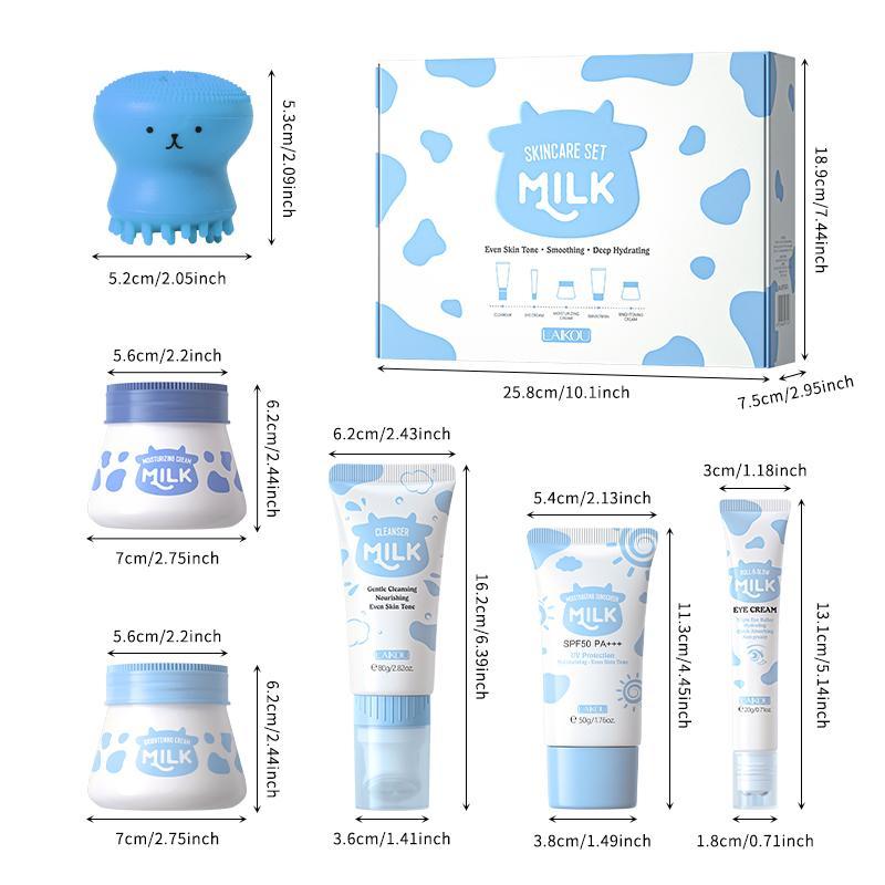 Milk Skincare Set, 6 Counts set Moisturizing Facial Cleanser & Eye Cream & Sun Cream & Face Cream & Octopus Facial Cleaning Brush & Storage Box