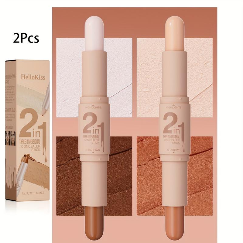 2pcs Contour Stick, 2Pcs Dual-Ended Highlighter Makeup Pen & Contouring Stick For Face Shaping, Long Lasting Waterproof Cream Bronzer & Highlight Sticks Make Up Kit For All Skin Tones