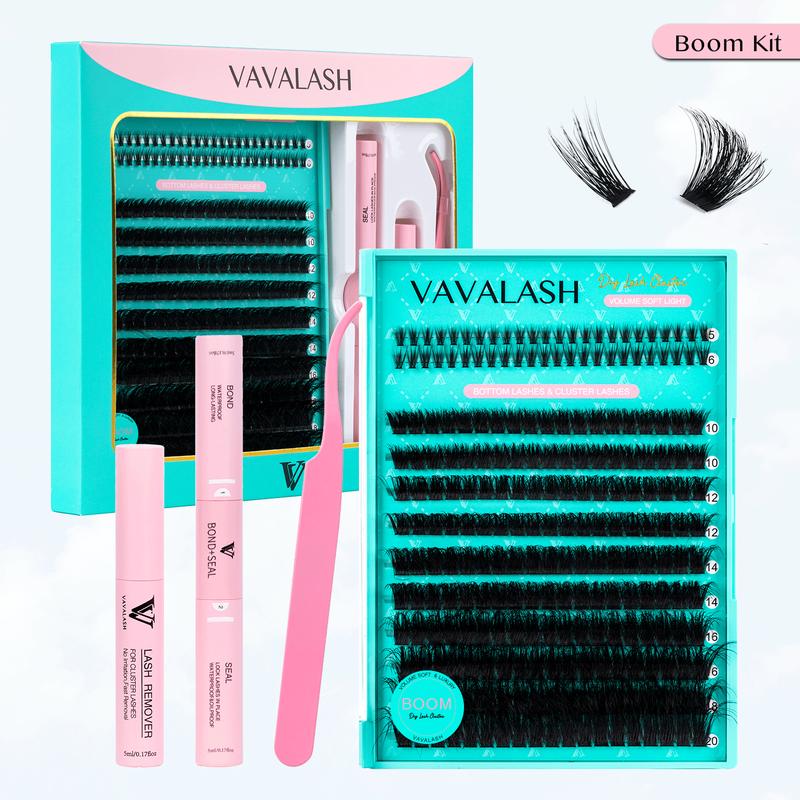 VAVALASH DIY Boom Kit Clusters, Bond&Seal, Tweezer, Remover For Girl at Home Makeup Cosmetic -Volume Wispy Dramatic Fluffly Individual Eyelash Extensions