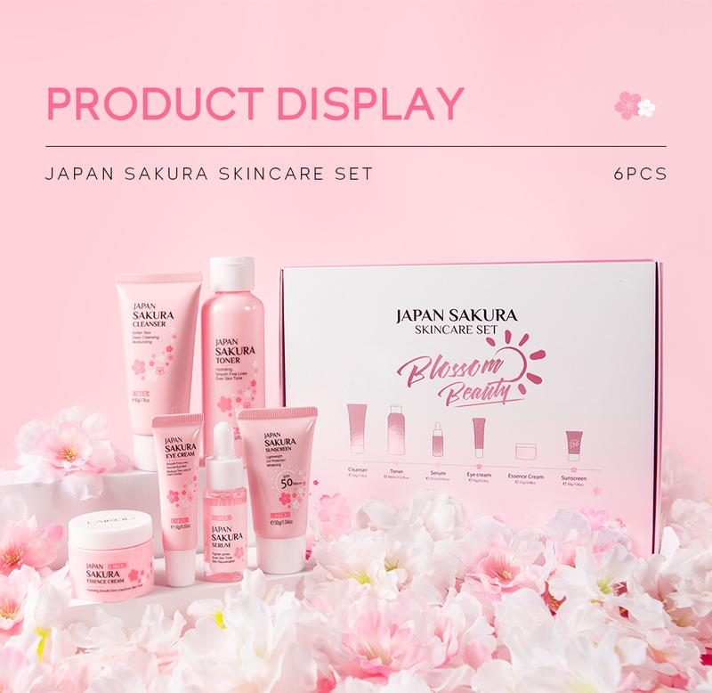 Skin Care Set JAPAN SAKURA Women Beauty Gift Sets Skin Care Kit with Cleanser, Toner, Lotion, Serum, Eye Cream, Face Cream Travel Kit for Women Teen Girls Mom Daughter TSA-friendly Sizes 6pcs