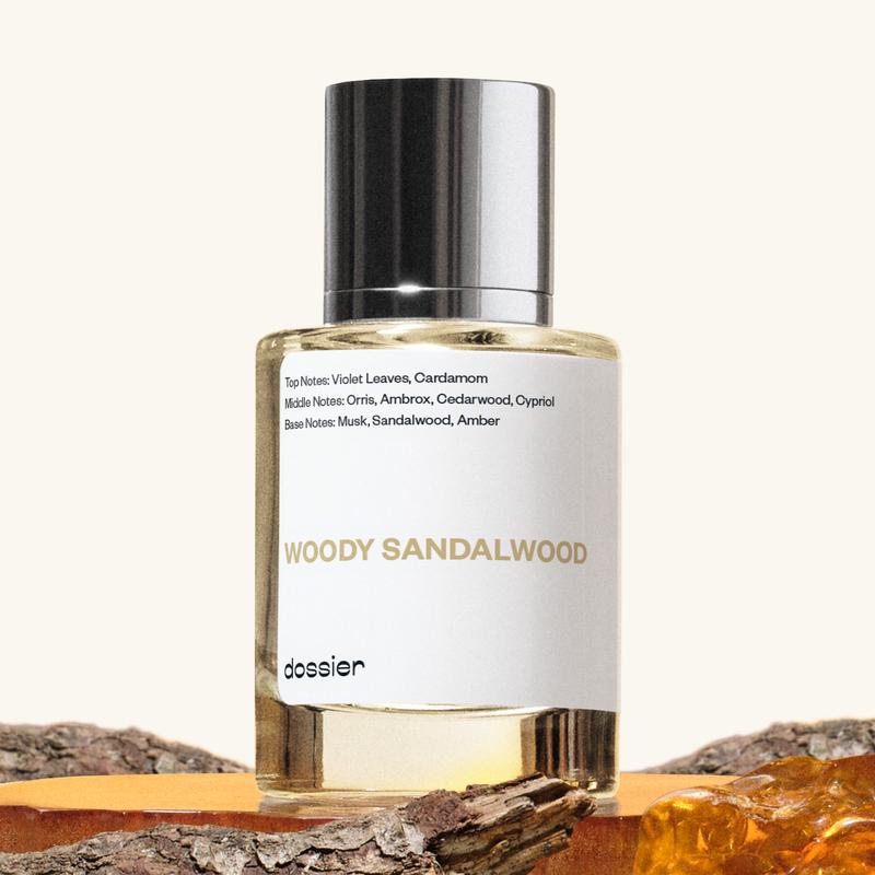 Woody Sandalwood, Dossier, Unisex Perfume, 50ml-100ml-150ml, Eau de Parfum, Violet Leaves, Cardamom, Orris, Ambrox, Cedarwood, Cypriol, Musk, Sandalwood, Amber