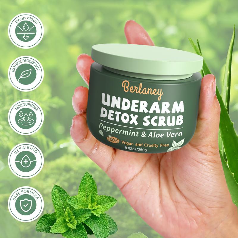 [Black Friday] Armpit Scrub Body Scrub 8.8 oz with Peppermint, Aloe Vera and Walnut Shell Powder Organic, Underarm Scrub Helps on Removing Odor, Deep Cleanse,  Skin Repairing, for Legs, Knee, Feet, Hands, Berlaney