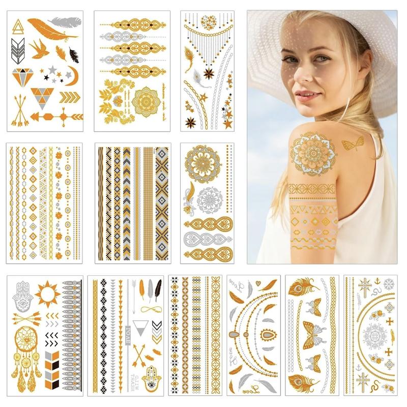 8 Sheets  Golden Tattoo Stickers,Mixed Pattern Temporary Tattoo Sticker for Women & Girls - Waterproof Creative Pattern