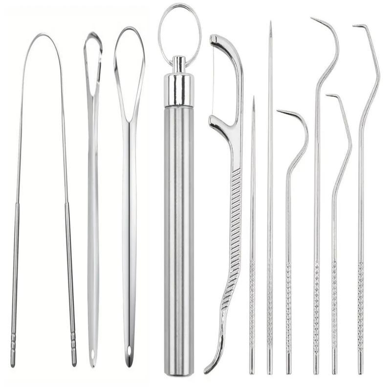 Stainless Steel Tongue Scraper & Toothpick Set, 10pcs set Portable Oral Care Tool, Easy To Use and Clean, Dental Floss & Picks for Home & Travel