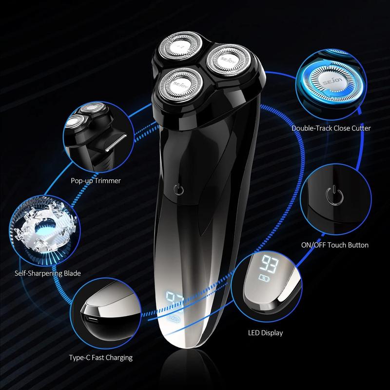 Electric Razor for Men, Mens Electric Shavers, Rechargeable Wet & Dry Electric Razor Shaving Machines, Pop Up Trimmer for Travel Home, Rechargeable,LED Display,IPX7 Waterproof, Black