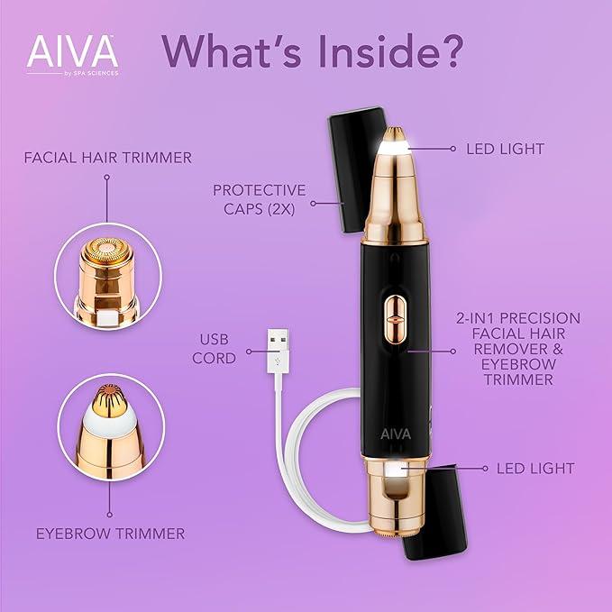 AIVA 2-in-1 Dual Sonic Facial Hair Remover and Eyebrow Trimmer with Built-in LED Lights by Spa Sciences