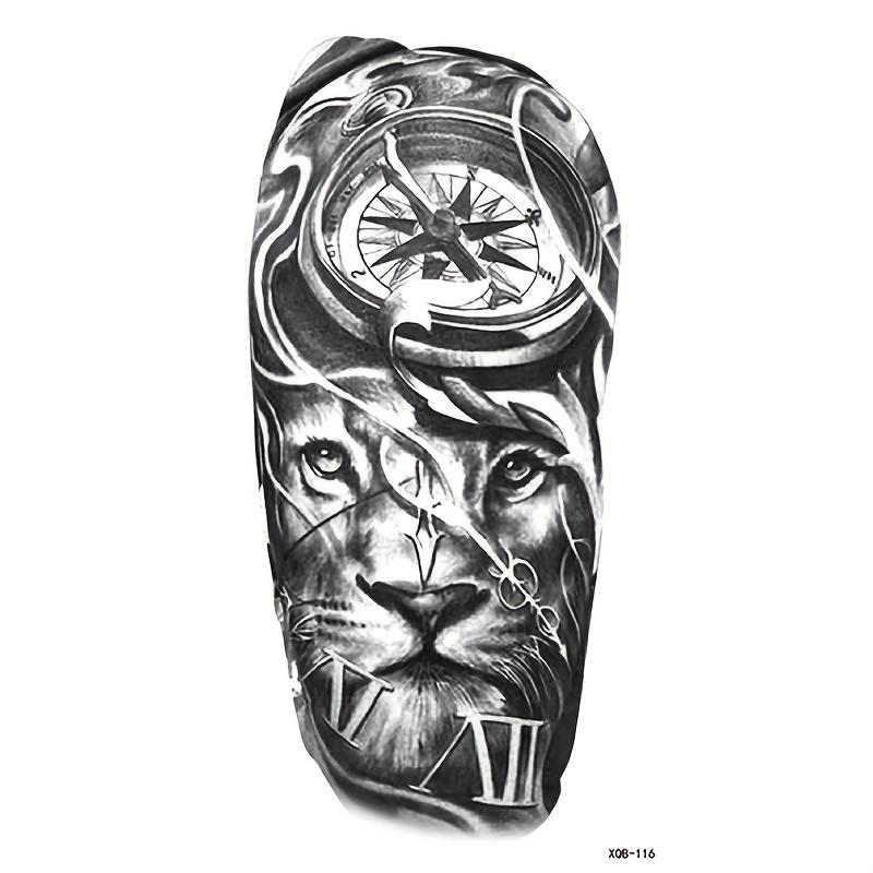 Lion & Watch Pattern Temporary Tattoo Sticker, 1 Count Waterproof Fake Tattoo, Body Art Decoration for Men & Women