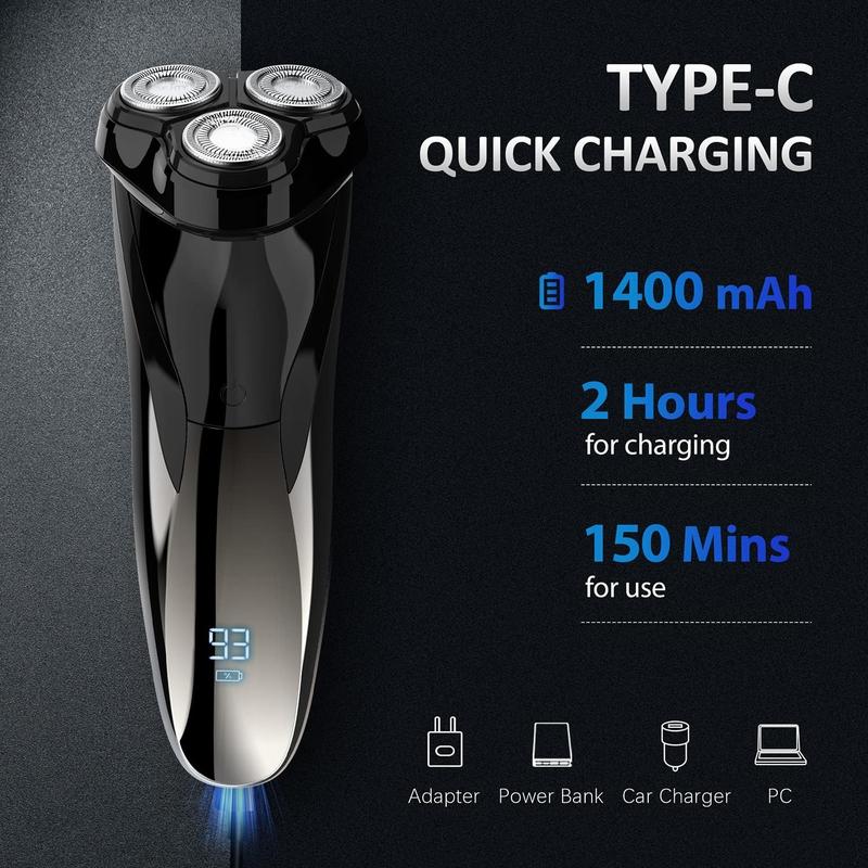 Electric Razor for Men, Mens Electric Shavers, Rechargeable Wet & Dry Electric Razor Shaving Machines, Pop Up Trimmer for Travel Home, Rechargeable,LED Display,IPX7 Waterproof, Black