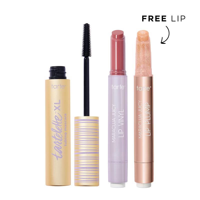 tarte maracuja juicy lip vinyl, shimmer glass and XL tubing mascara set