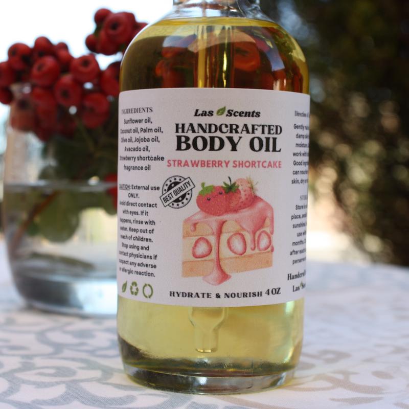 Handcrafted Strawberry Shortcake Body Oil Body Juice Light, Fast & Easy Absorption Silicone Free Hydrating Nourishing Body Care Fragrance Scent Avocado Golden Jojoba Blend Moisture dry body Hydrating Glowing