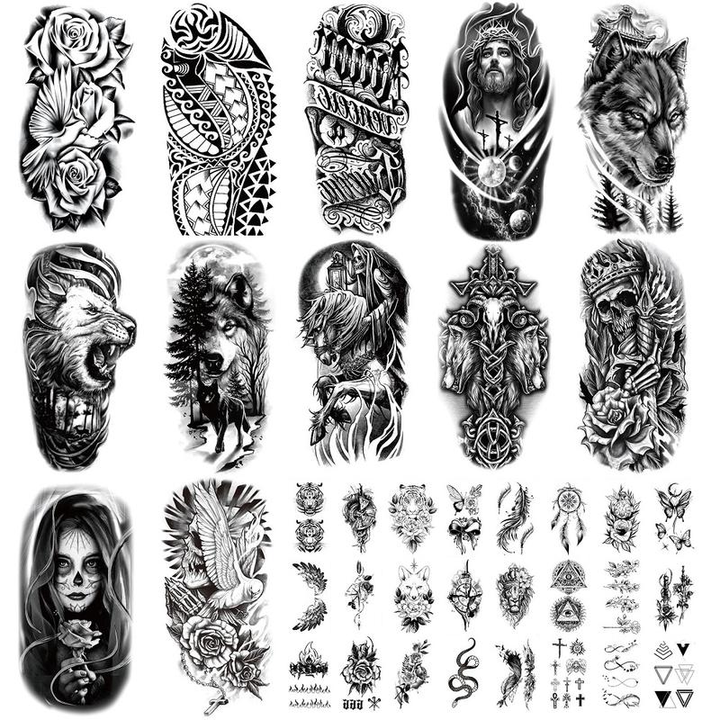 36 Large Black Temporary Tattoo Stickers, Forearm Design, Including Tribal Wolf, Tiger, Lion, Skull, Halloween Temporary Fake Tattoo Stickers, 12 Fake Tattoo Big Stickers for Arms, Chest and Shoulders for Men or Women, 24 Tiny Black Tattoo Stickers