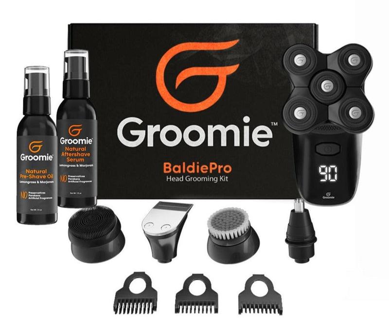 GROOMIE No Hair, Don't Care Bundle - 5D BaldiePro Electric Head Shavers for Bald Men, Natural Pre-Shave Oil to Promote Close Shave, & Natural Aftershave Serum, 7 Piece Accessory Kit - Mens Head Shaver Kit w Electric Razor