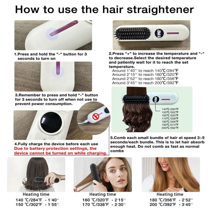 Portable Cordless Straightener Brush, 2 in 1 Curling & Straightening Hair Iron, USB Rechargeable Hair Iron for Home Office School Or Travel, Christmas Gift