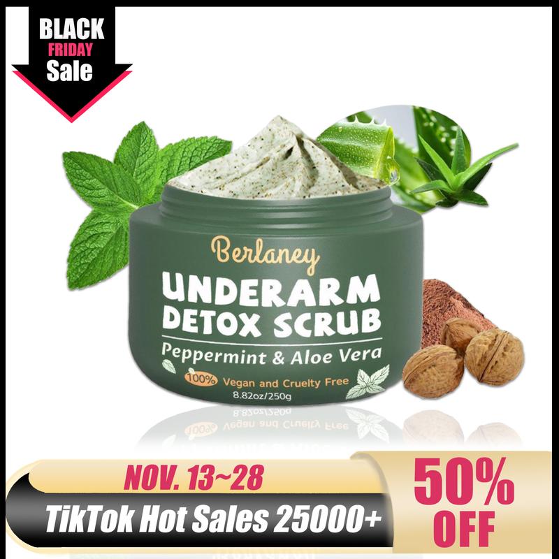 [Black Friday] Armpit Scrub Body Scrub 8.8 oz with Peppermint, Aloe Vera and Walnut Shell Powder Organic, Underarm Scrub Helps on Removing Odor, Deep Cleanse,  Skin Repairing, for Legs, Knee, Feet, Hands, Berlaney