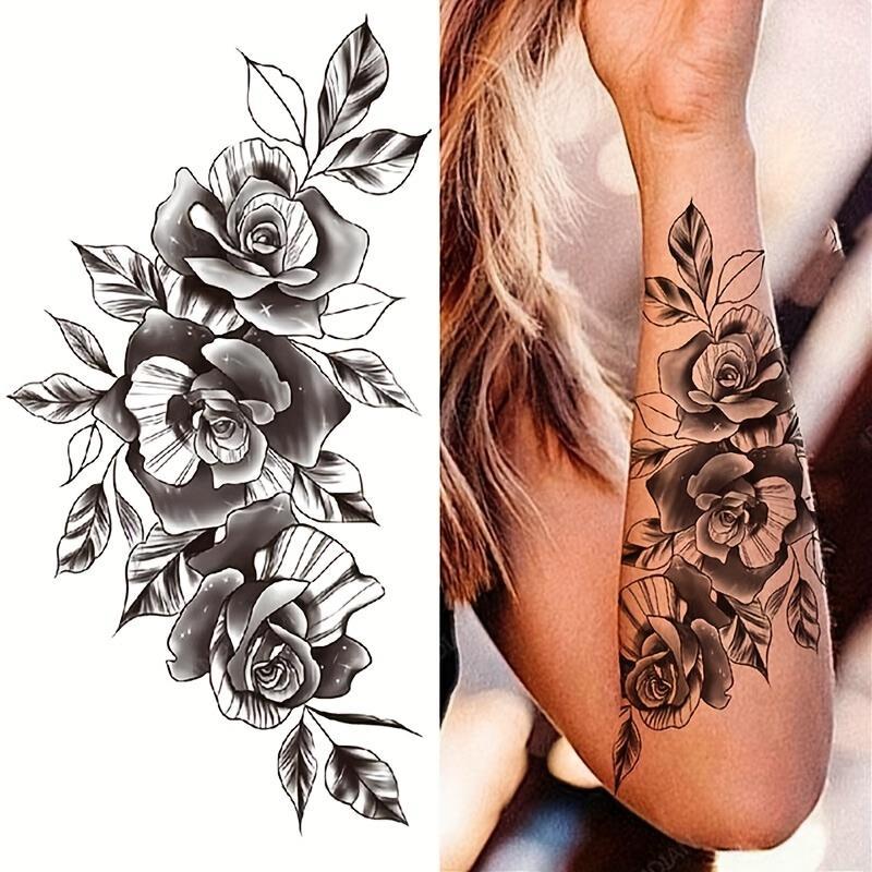 Rose Pattern Temporary Tattoo Sticker, 1 Count Long Lasting Fake Tattoo for Women & Men