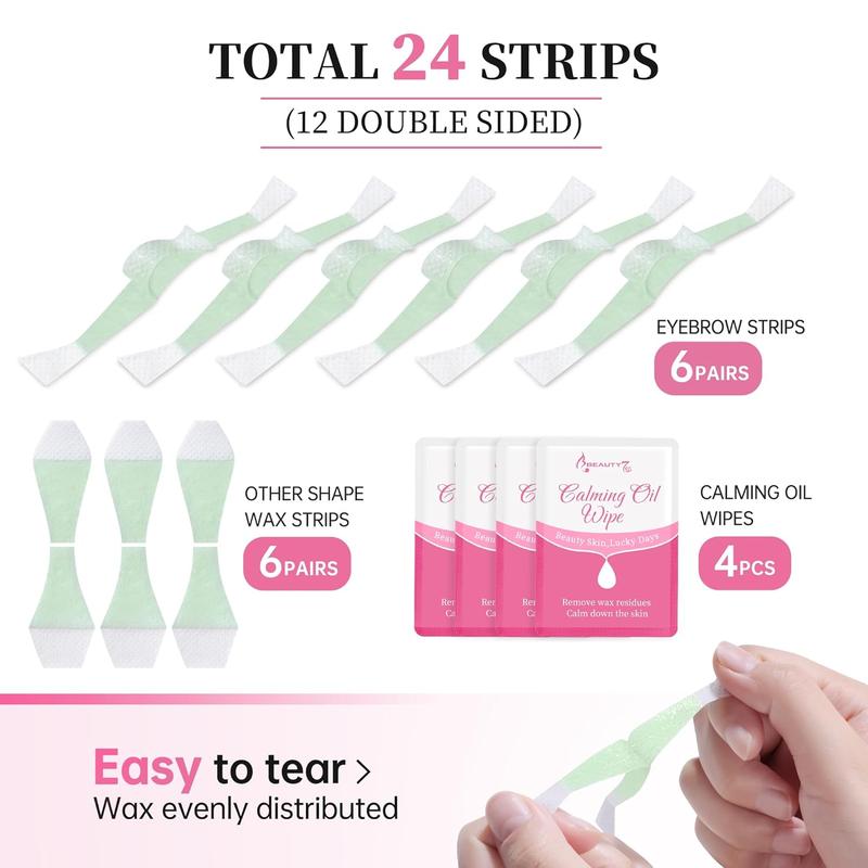 Facial Wax Strips Hair Removal Eyebrow Wax Strips Kit Fit Wax Strips Eyebrow Shaper at Home Waxing 24 Strips 4 Calming Oil Wipes for Sensitive All Skin Types for Women