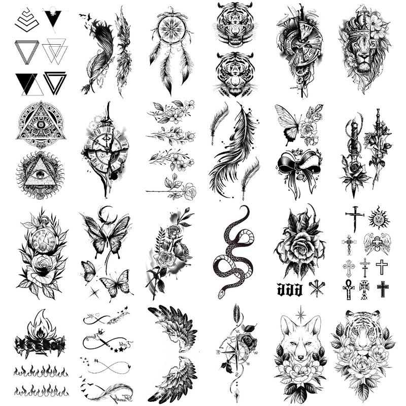 36 Large Black Temporary Tattoo Stickers, Forearm Design, Including Tribal Wolf, Tiger, Lion, Skull, Halloween Temporary Fake Tattoo Stickers, 12 Fake Tattoo Big Stickers for Arms, Chest and Shoulders for Men or Women, 24 Tiny Black Tattoo Stickers