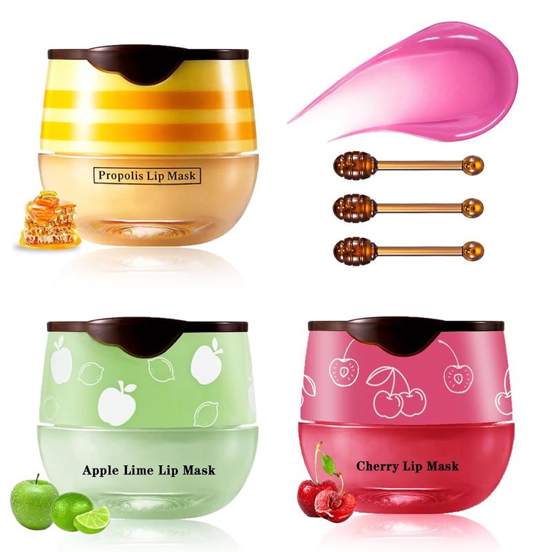 Honey Pot Lip Balm,3PCS Bee Lip Balm Honey Pot Cherry Apple Lip Scrub,Fade Lip Lines Lip Mask Overnight Prevention Dry and Cracked Lip Sleeping Mask (Honey+Apple+Cherry)