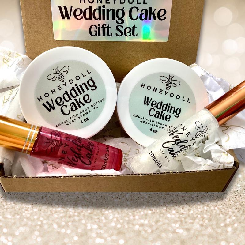 Self Care Bath Gift Set with Body Butter, Sugar Scrub, Lip Gloss and Roll-on Wedding Cake Scented - Body Care