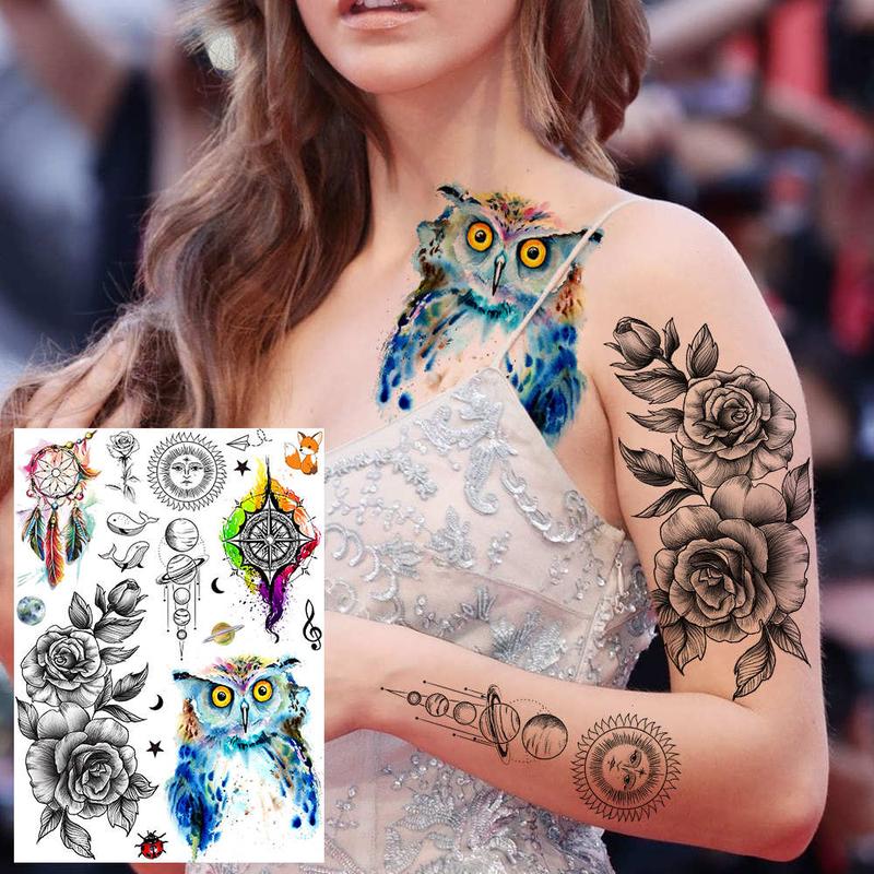 Mixed Styles 3D Watercolor Temporary Tattoo Sticker (6 Sheets), Astronaut Peony Rose Flower Tattoo Sticker, Body Art Decoration for Men & Women