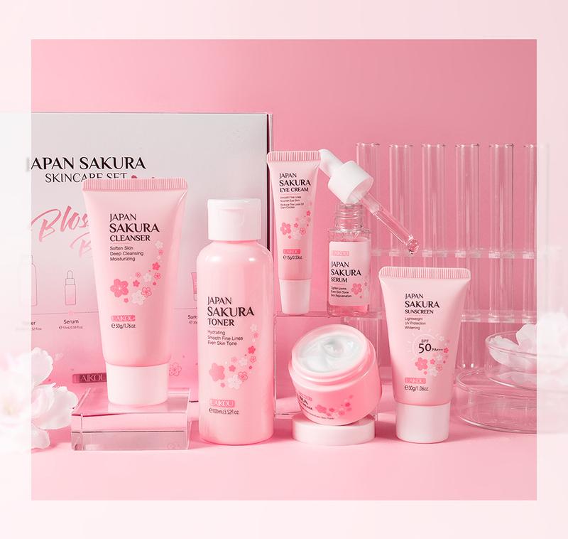 Skin Care Set JAPAN SAKURA Women Beauty Gift Sets Skin Care Kit with Cleanser, Toner, Lotion, Serum, Eye Cream, Face Cream Travel Kit for Women Teen Girls Mom Daughter TSA-friendly Sizes 6pcs