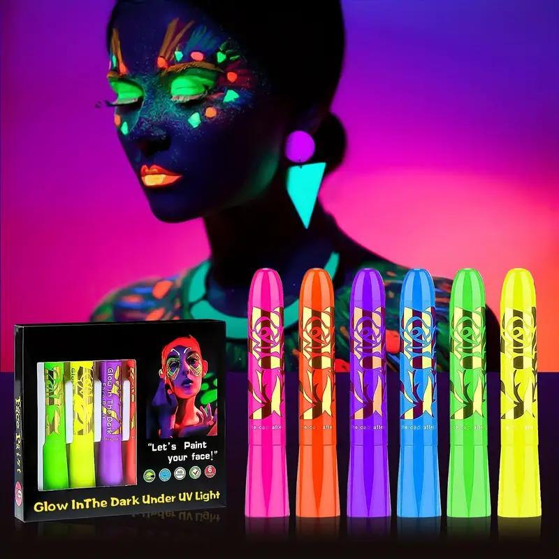 Neon Glow Face & Body Paint Crayons, 1 Set Glow-in-the-dark Fluorescent Makeup for Party, Luminous Face Paint for Clubs, Christmas Gift