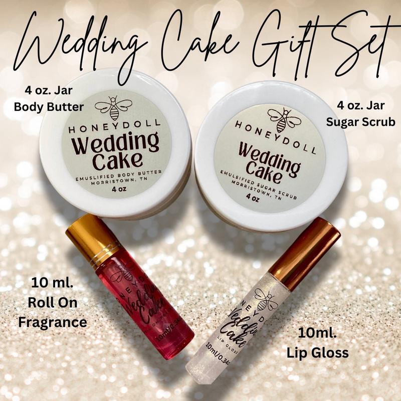 Self Care Bath Gift Set with Body Butter, Sugar Scrub, Lip Gloss and Roll-on Wedding Cake Scented - Body Care