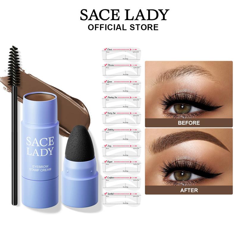 SACE LADY Long Lasting Eyebrow Stamp Cream Set Waterproof Tattoo Brow Corrector with Brush and 10 Eye Stencils Natural Eyebrow Stamp Shaping Stick