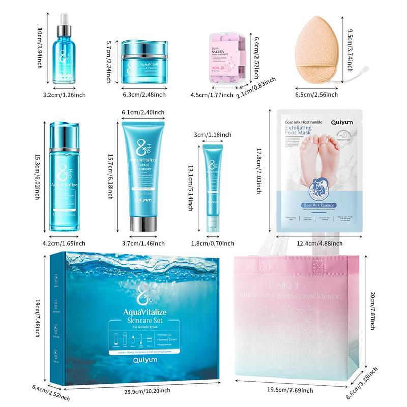 Moisturizing Skin Care Kit, 1 Box Facial Cleanser & Toner & Serum & Eye Cream & Face Cream & Foot Mask & Gift Bag & Puff