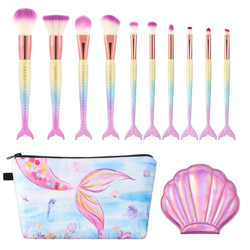 Mermaid Makeup Brushes Set - 12 count Make Up Brushes  Makeup Brushes Kit with Cosmetic Bag Mirror for Eye Shadow Foundation Blending Blush Brushes Makeup Kits Gift Set for  Teen