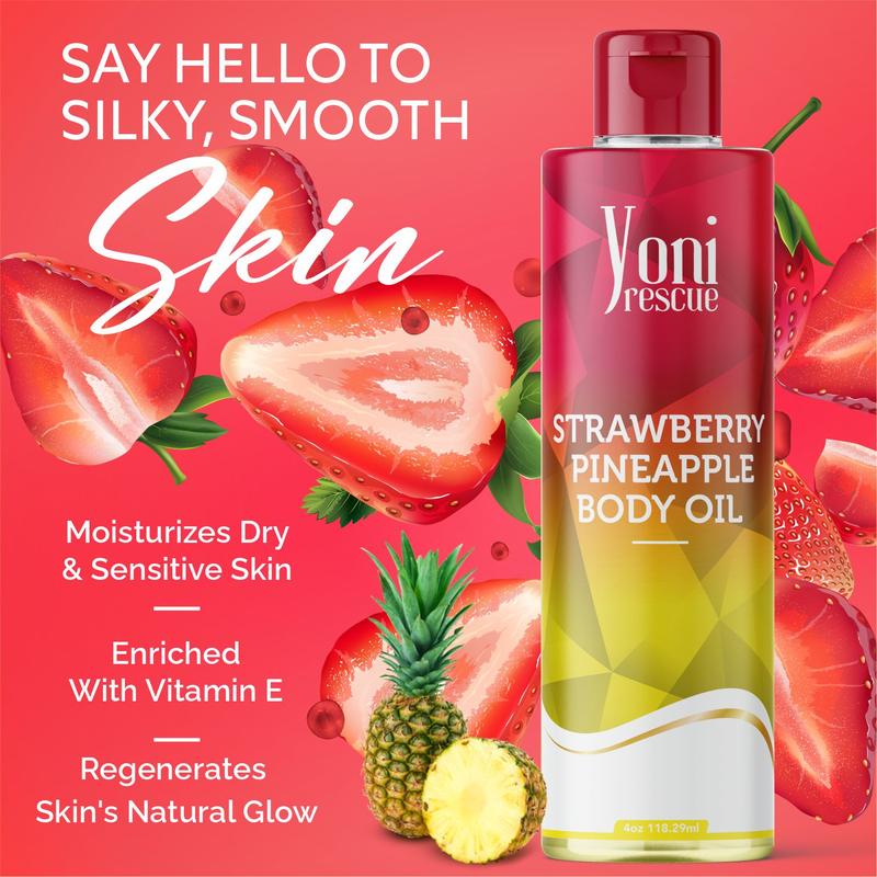 Strawberry Pineapple Body Oil, 4oz, with Apricot, Jojoba, Avocado Oils & Vitamin E Oil, Fast-Absorbing, Nourishes and Hydrates Skin, Skin Repair, Body Care, Ideal for All Skin Types, Strawberry Pineapple Fragrance Moisturizer by Yoni Rescue body oil