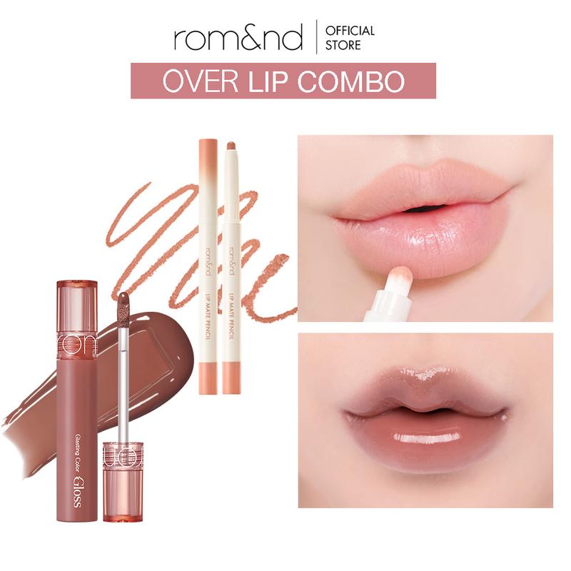 [rom&nd Official Shop] rom&nd Over Lip combo (Glasting Color Gloss Tint 06 Deepen Moor + Lip Mate Pencil  03  Kaya Beige) Lipgloss Lipstick