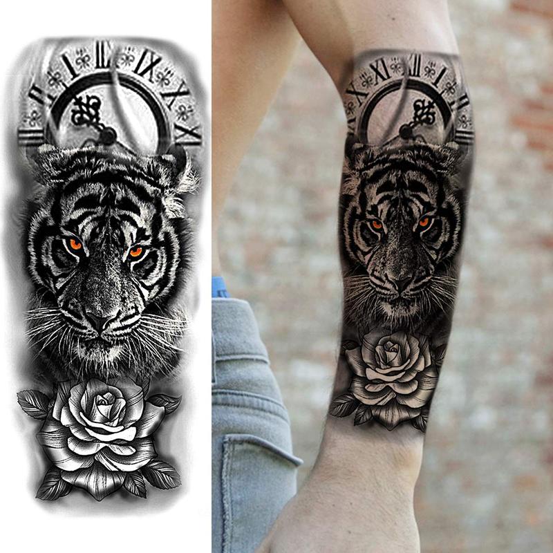 Clock Tiger Rose Tattoo Sticker, 1 Count Fake Tattoo Sleeve Sticker, Waterproof Temporary Tattoo Sticker For Women Men