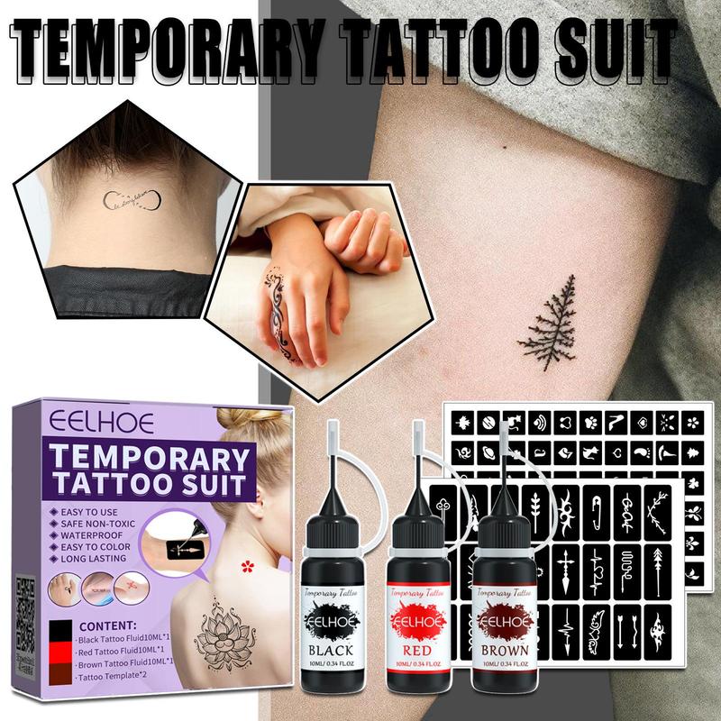 Temporary Tattoo Kit, 1 Box Waterproof Long Lasting Tattoo Pigment & Stencil Set, Body Art Tattoo Kit For Women & Men