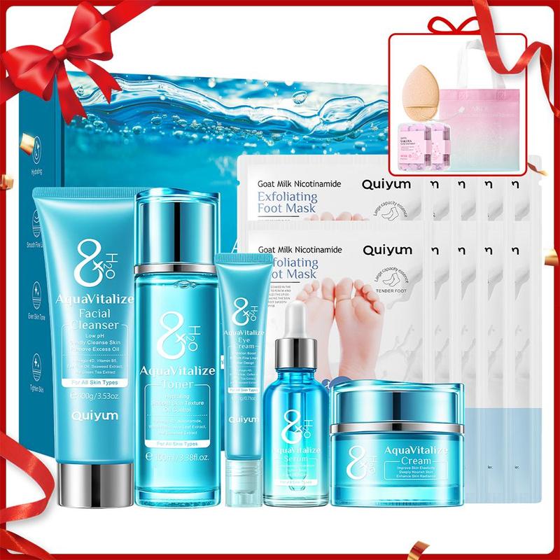 Moisturizing Skin Care Kit, 1 Box Facial Cleanser & Toner & Serum & Eye Cream & Face Cream & Foot Mask & Gift Bag & Puff