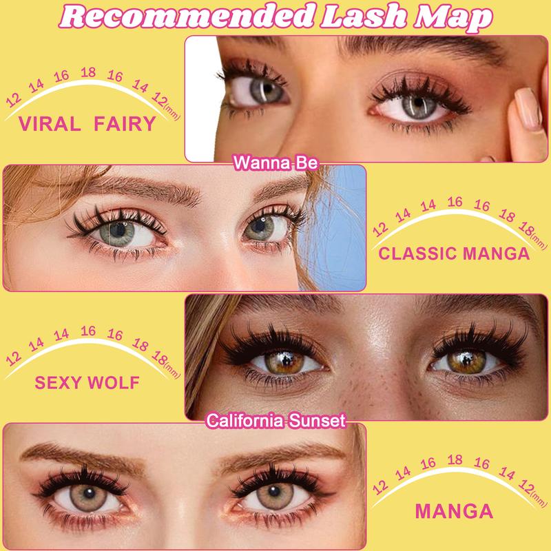 Fowendia Manga Lashes Cluster Lashes C D Curl DIY Lashes Extension Kit and Lash Clusters 8-18mm with Bond, Seal, and Remover - Ultra-Thin Transparent Bands, No-Glue Lower Lashes, Lash magic Anime False Lash Extension Kit Makeup Cosmetic