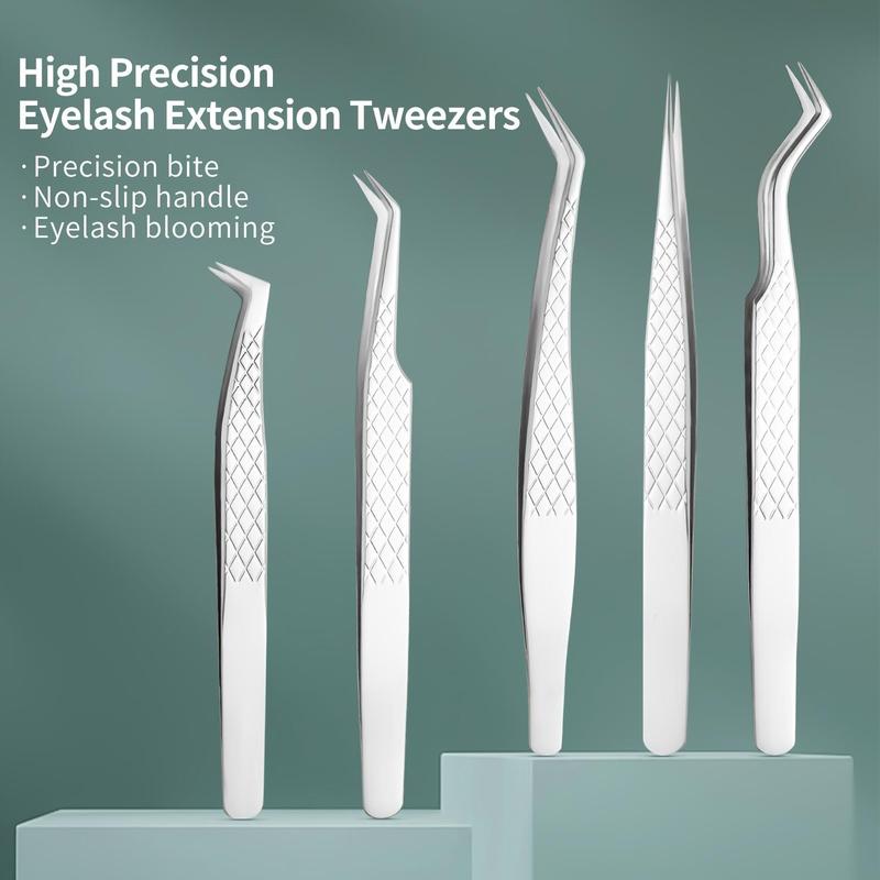 Professional Eyelash Extension Tweezers Set, 5 Counts set Stainless Steel Eyelash Tools, Eye Makeup Tool for Women & Girls