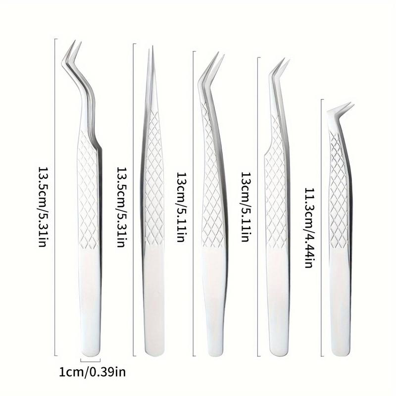 Professional Eyelash Extension Tweezers Set, 5 Counts set Stainless Steel Eyelash Tools, Eye Makeup Tool for Women & Girls