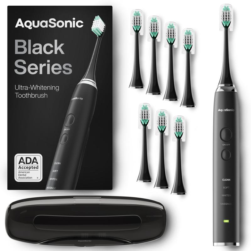 AquaSonic Black Series Sonic Whitening Toothbrush with 8 Brush Heads and Smart Vibration Timers - Handle, Waterproof toothbrush Rechargeable Electric