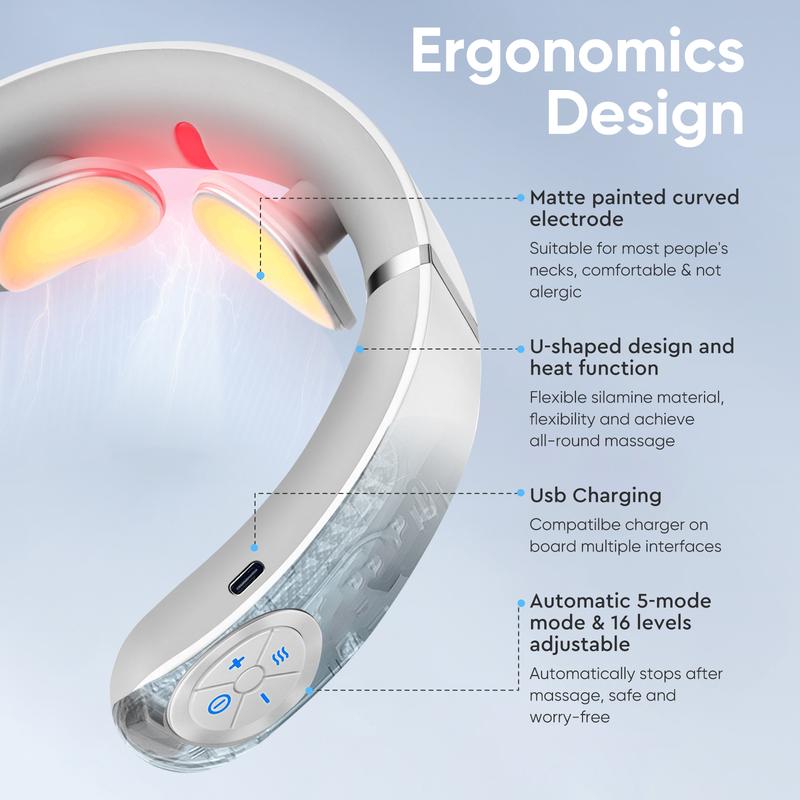 Neck Massager with Heat, Intelligent Electric Neck Massagers, Portable & Cordless Heated Neck & Shoulder Massager, for Reduce Fatigue, with 10 Modes & 16 Levels