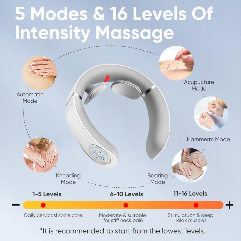 Neck Massager with Heat, Intelligent Electric Neck Massagers, Portable & Cordless Heated Neck & Shoulder Massager, for Reduce Fatigue, with 10 Modes & 16 Levels