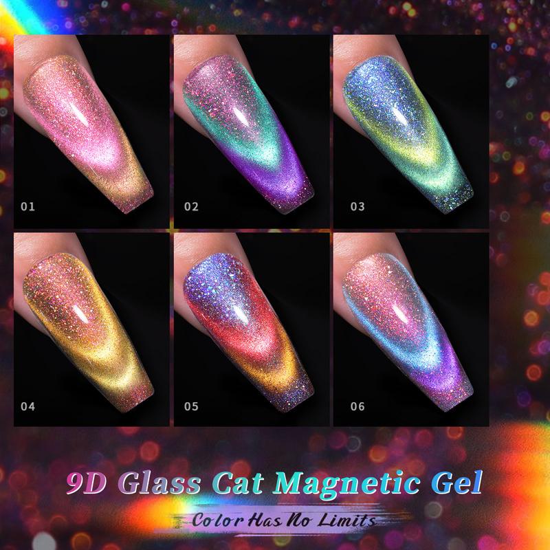 BORN PRETTY Reflective Glass Cat Magnetic Gel Nail Polish Set 6 Colors 7ml With Magnetic Stick Cat Eye Gel Polish Need UV light French Nail Art Salon Style DIY At Home Nail Care