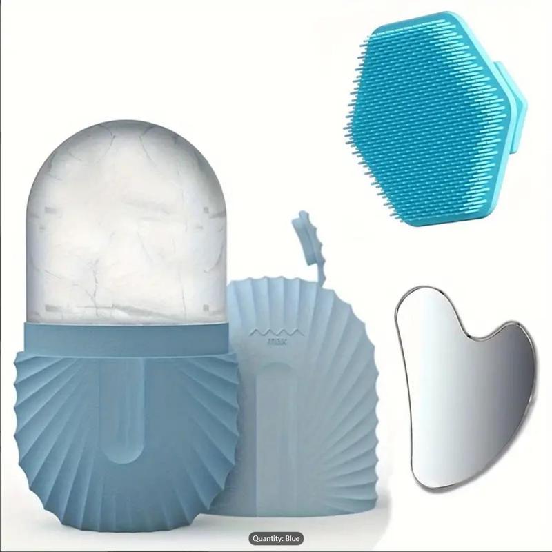 Facial Massage Care Set, 3 Counts set Silicone Cleansing Brush & Stainless Steel Scraping & Ice Face Roller, Manual Massage Tool for Whole Body Relaxation