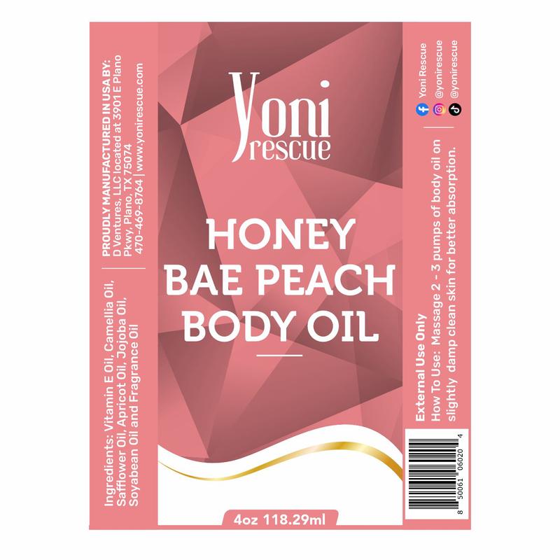 Honey Bae Peach Body Oil, 4oz, with Apricot, Jojoba, Avocado Oils & Vitamin E Oil, Fast-Absorbing, Nourishes and Hydrates Skin, Skin Repair, Body Care, Ideal for All Skin Types, Peach & Honey Fragrance Moisturizer by Yoni Rescue