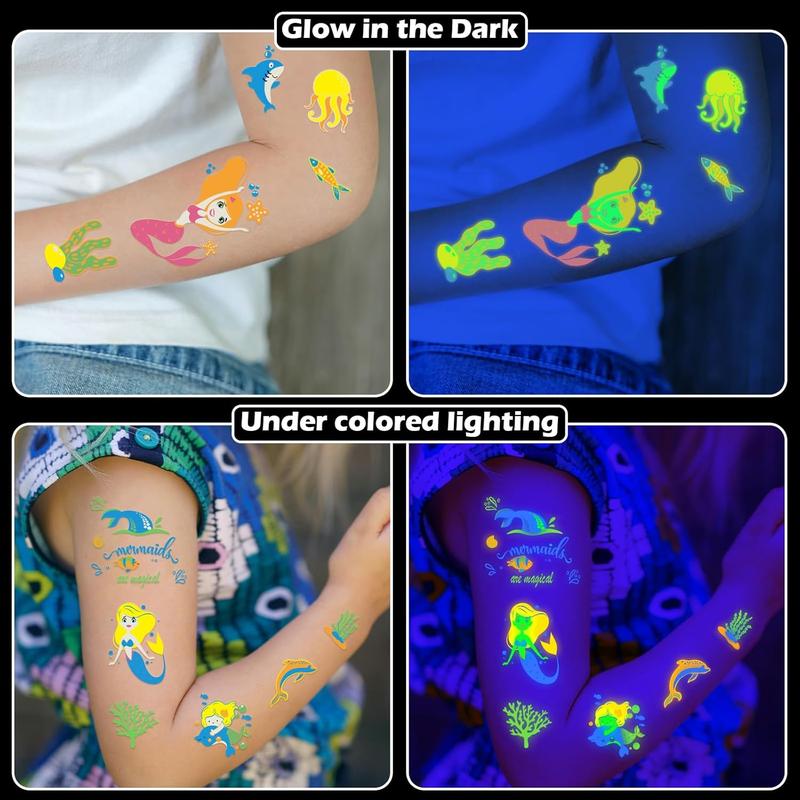 Mermaid Glow in The Dark Tattoos for , 300+ Designs UV Neon  Temporary ,  Creatures & ,  6 Luminous Colors Stickers Party Supplies Gift