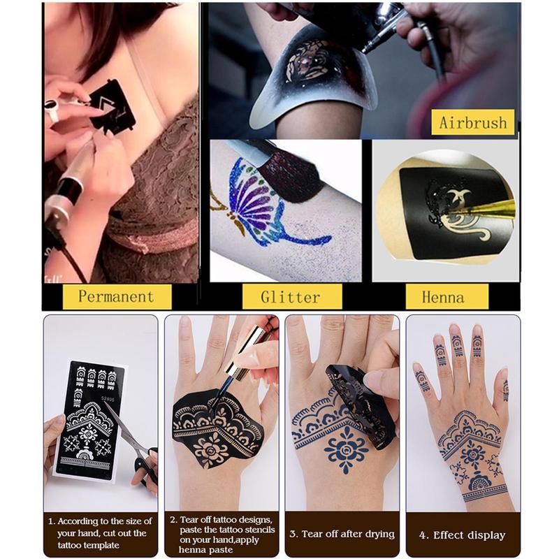 Flower Pattern Hand Tattoo Stencils, 8pcs Creative Hollow Templates, Body Art Decorations For Men & Women