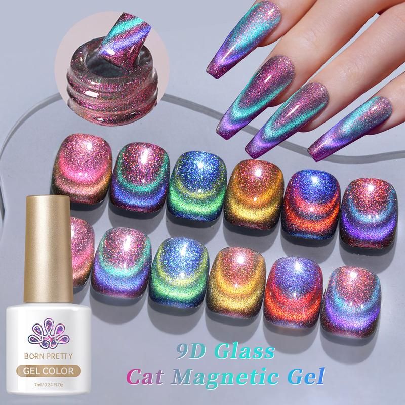 BORN PRETTY Reflective Glass Cat Magnetic Gel Nail Polish Set 6 Colors 7ml With Magnetic Stick Cat Eye Gel Polish Need UV light French Nail Art Salon Style DIY At Home Nail Care