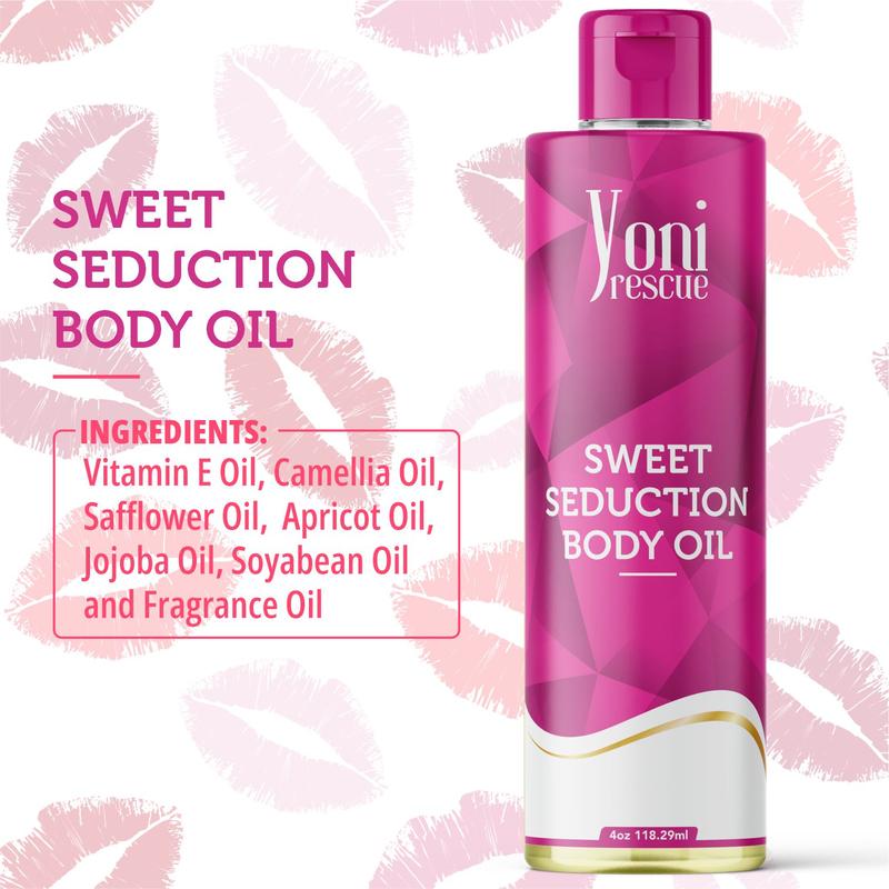 Sweet Seduction Body Oil, 4oz, with Apricot, Jojoba, Avocado Oils & Vitamin E Oil, Fast-Absorbing, Nourishes and Hydrates Skin, Skin Repair, Body Care, Ideal for All Skin Types, jasmine and saffron Fragrance Moisturizer by Yoni Rescue body oil